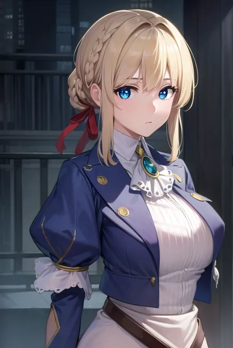 violetevergarden, <lora:violetevergarden-lora-nochekaiser:1>,
violet evergarden, blonde hair, blue eyes, hair ribbon, ribbon, short hair, braids, hair braids, red ribbon,
BREAK blue jacket, brown gloves, cropped jacket, dress, gloves, green brooch, jacket, juliet sleeves, long sleeves, puffy sleeves, white dress,
BREAK outdoors, city,
BREAK looking at viewer, (cowboy shot:1.5),
BREAK <lyco:GoodHands-beta2:1>, (masterpiece:1.2), best quality, high resolution, unity 8k wallpaper, (illustration:0.8), (beautiful detailed eyes:1.6), extremely detailed face, perfect lighting, extremely detailed CG, (perfect hands, perfect anatomy),