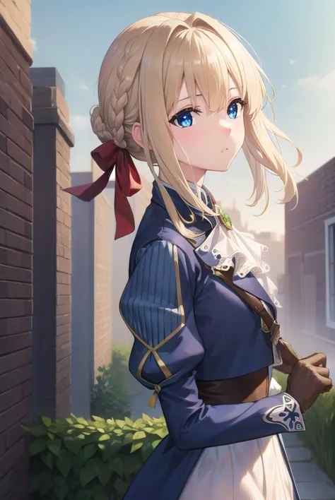 violetevergarden, <lora:violetevergarden-lora-nochekaiser:1>,
violet evergarden, blonde hair, blue eyes, hair ribbon, ribbon, short hair, braids, hair braids, red ribbon,
BREAK blue jacket, brown gloves, cropped jacket, dress, gloves, green brooch, jacket, juliet sleeves, long sleeves, puffy sleeves, white dress,
BREAK outdoors, city,
BREAK looking at viewer, (cowboy shot:1.5),
BREAK <lyco:GoodHands-beta2:1>, (masterpiece:1.2), best quality, high resolution, unity 8k wallpaper, (illustration:0.8), (beautiful detailed eyes:1.6), extremely detailed face, perfect lighting, extremely detailed CG, (perfect hands, perfect anatomy),