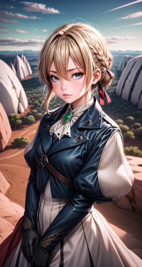 (masterpiece,intricate details),1girl,mature female,miserable _face, BREAK violetevergarden, <lora:violetevergardentest:1>, violet evergarden, blonde hair, blue eyes, hair ribbon, ribbon, short hair, braids, hair braids, red ribbon, BREAK blue jacket, brown gloves, cropped jacket, dress, gloves, green brooch, jacket, juliet sleeves, long sleeves, puffy sleeves, white dress| ((standing on the majestic red and ochre rock formations of Australia's Uluru, contrasting against the vast desert landscape)),((cumulonimbus)),((upper body,portrait)),from above:1.1,depth of field,looking at viewer,