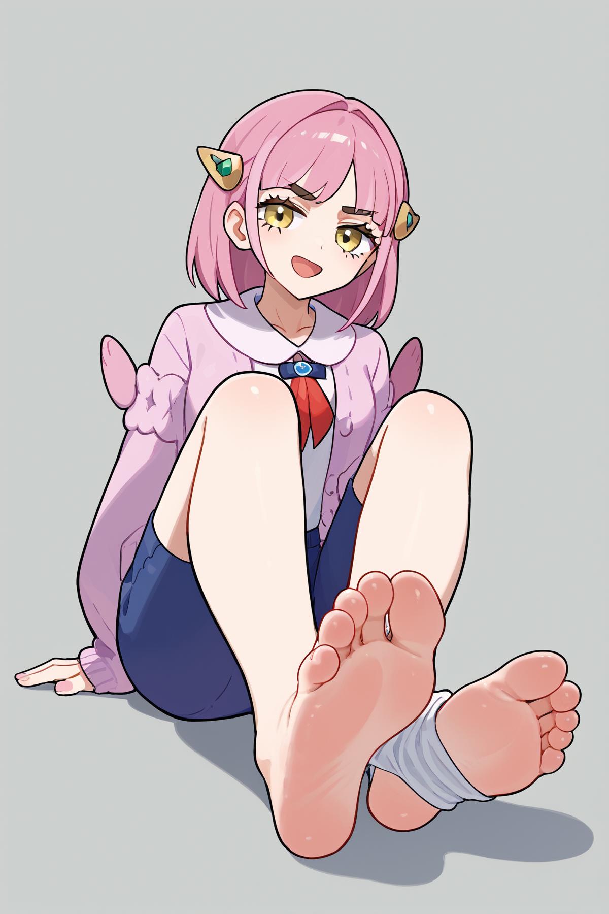 Anime girl with pink hair sitting on the ground with her feet crossed -  SeaArt AI