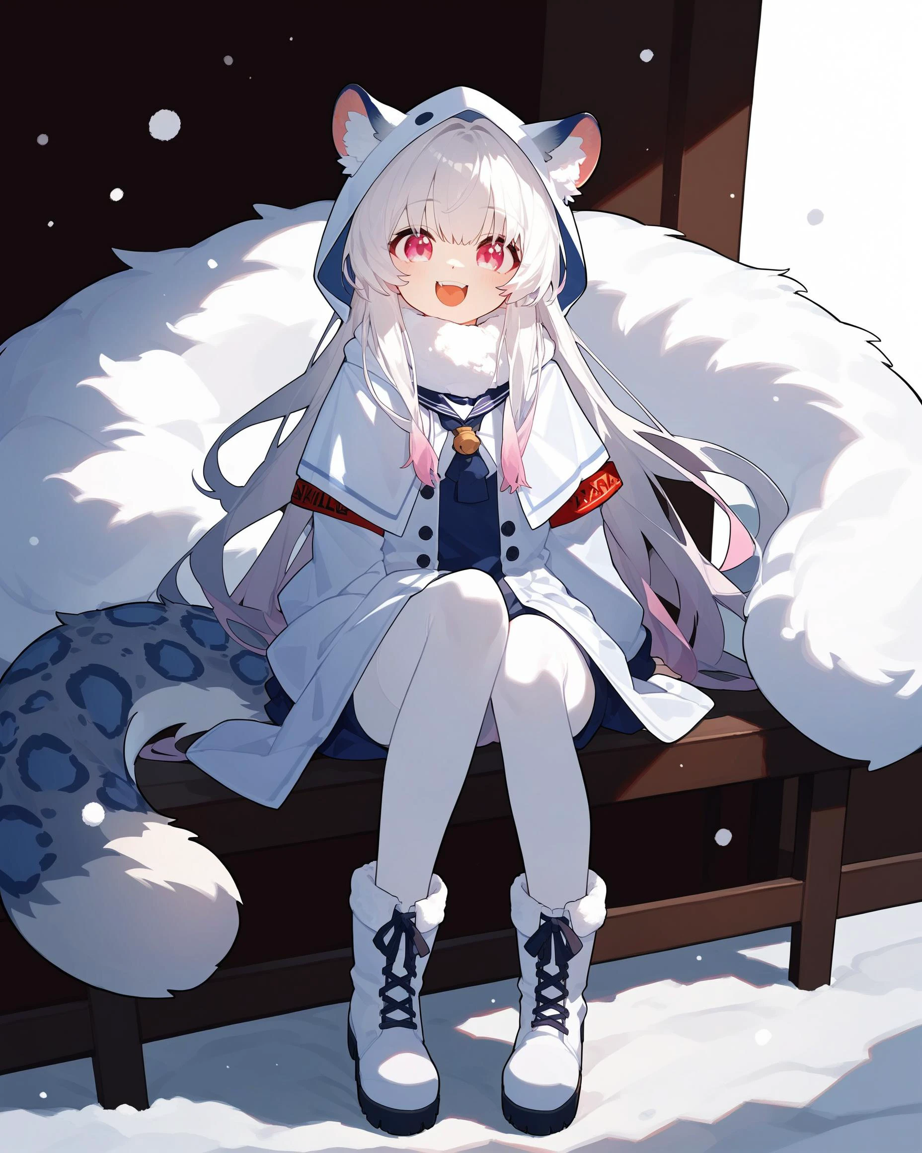 (score_9,score_8_up,score_7_up,score_6_up,score_5_up,score_4_up),solo blue shirt,blue sailor coat,full body,white hair,snow leopard ear,white background,white hood,pink eyes,white cloak,fur-trimmed snow leopard ear capelet,laugh,happy,white pantylines,fur-trimmed boots,red armband,