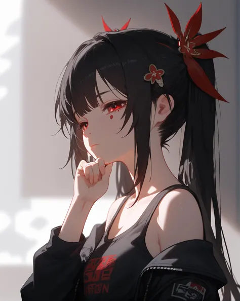 (score_9,score_8_up,score_7_up),1girl,solo,red eyes,black hair,long hair,upper body,black T-shirt,hair ornament,bangs,off shoulder, tired,twintails,sleeveless,hand up,blurry,sidelocks,black jacket,long sleeves,  <lora:SparkleV3:1>,