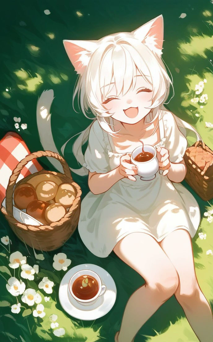 (score_9,score_8_up,score_7_up),cinematic lighting, girl, cat girl, cat ears, cat tail, grass, picnic, basket of food, cup of tea in hand, laughing, closed eyes, breeze, beautiful sheet, from above, sitting on sheet, view over her head