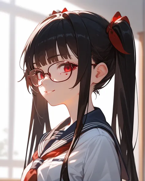 anime girl with long black hair and glasses looking out a window