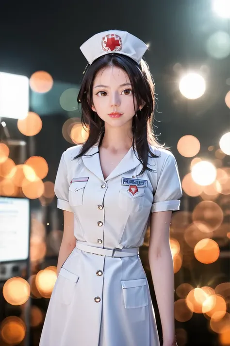 a close up of a woman in a nurse uniform posing for a picture