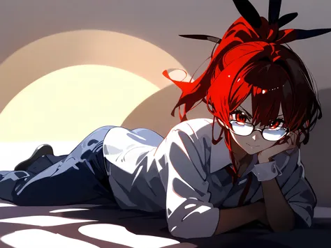 anime girl laying on the ground with her head on her hands