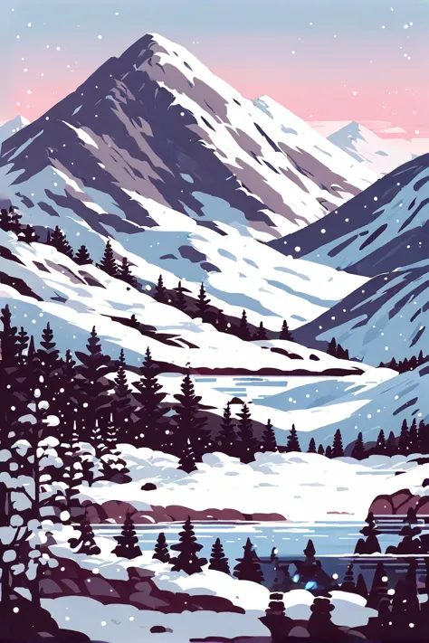 snowy mountain scene with a train passing by a cabin