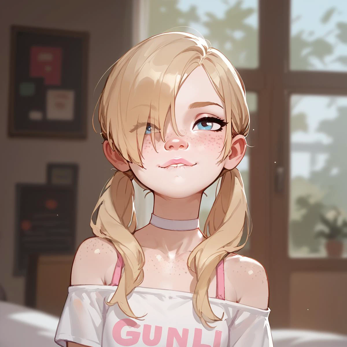 score_9,score_8_up,score_7_up,score_6_up,score_5_up,score_4_up,
1girl, pretty girl, blonde hair, in twintails, hair over 1 eye, cute nose. biting lip, seductive, white choker, pink lips, freckles,
 