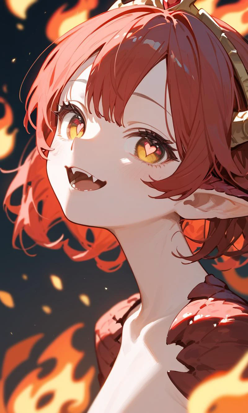 score_9, score_8_up, score_7_up, score_6_up, 1gir, red scales, gold eyes, red hair, dragon girl, white face, fang, fair skin, hatchling, adorable, playful, heart-shaped pupils, small claws, dynamic posing, masterpiece, best quality, highly detailed, cave background, flame, upper body, close -up, Pony_general_zPDXL2