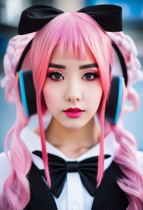 a close up of a person with pink hair wearing headphones