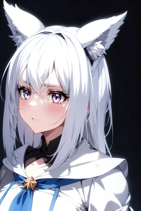 anime girl with white hair and blue eyes wearing a white cat ears