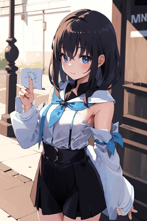 anime girl with black hair and blue eyes holding a cell phone