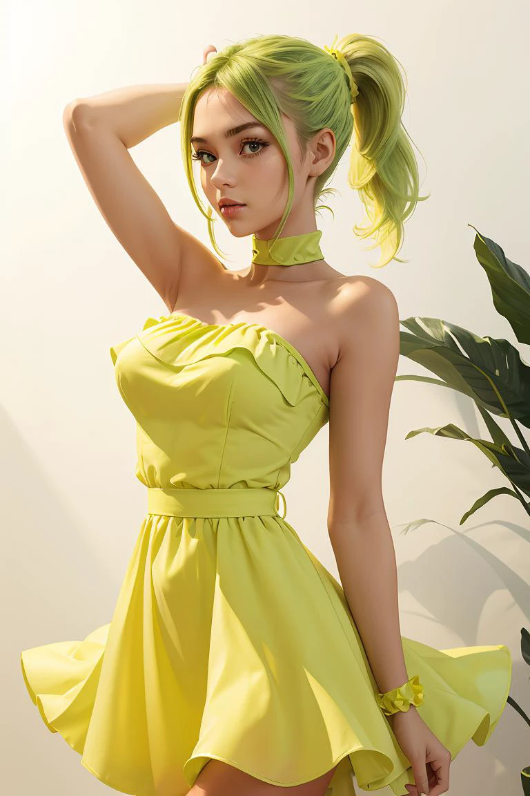 (masterpiece, best quality), 1girl, Light green High Bubble Ponytail with Hair Cuff, Size D breasts,  edgYSD,woman wearing a yellow sundress