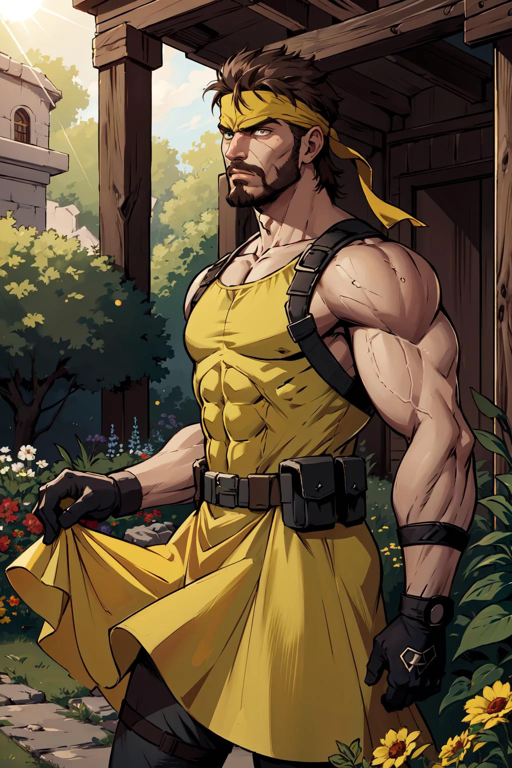 (masterpiece,best quality,absurdres,beautiful,aesthetic,detailed),sunlight, garden,1boy,serious,edgYSD,solid snake wearing a yellow sundress,headband,gloves,facial hair 