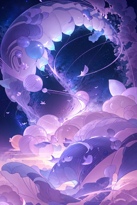 PatterndskStyle, PatterndskStyle, a group of whales floating in the sky, floating balloons, night sky, starscape, no humans, pink and purple theme, masterpiece, official art, absurdres, 32k UHD, 4 point perspective, vantage point, <lora:Patterns:0.8>