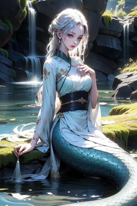 masterpiece,best quality,ultra-detailed,1girl,white hair,white clothes,md,(green1.2) snake,by the lake,chinese clothing,