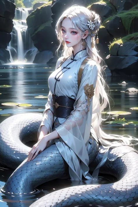 masterpiece,best quality,ultra-detailed,1girl,white hair,white clothes,md,(white1.2) snake,by the lake,<lora:5:0.6>,chinese clot...