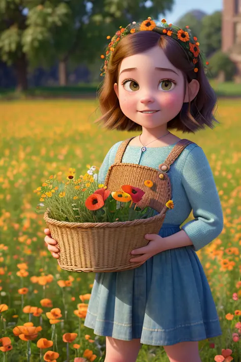 (pixarstyle:1.25) a waist-length portrait of a little girl with a basket of flowers, overgrown with poppy flower, natural skin texture, 4k textures, hdr, intricate, highly detailed, sharp focus, cinematic look, hyperdetailed <lora:pixarStyleModel_lora128:1...