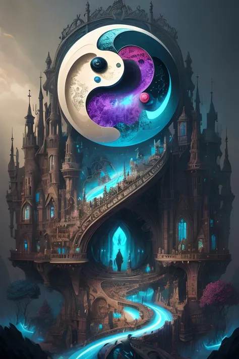 a painting of a castle with a yin yin symbol on it