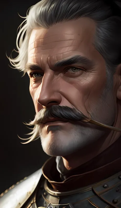 Portrait of an old knight with a large moustache, male, detailed face, fantasy, highly detailed, cinematic lighting, digital art painting by greg rutkowski