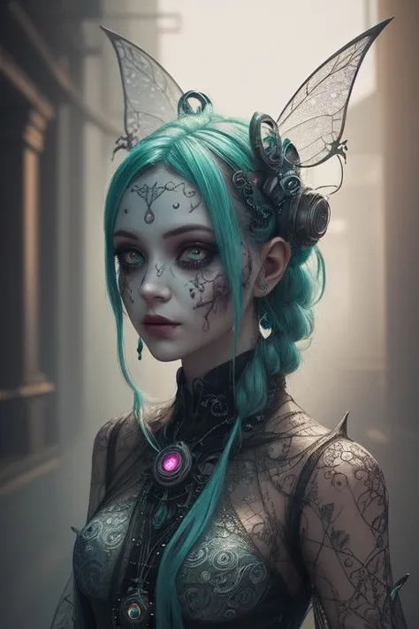 photography of a cute and creepy fairy, perfect face, intricate details, realism, colorful cyberpunk,