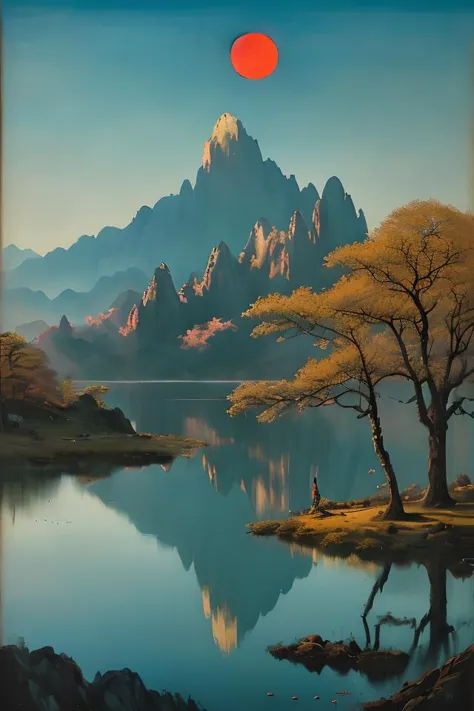 painting of a man standing on a small island in front of a mountain