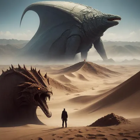 a man standing in front of a giant dragon in the desert