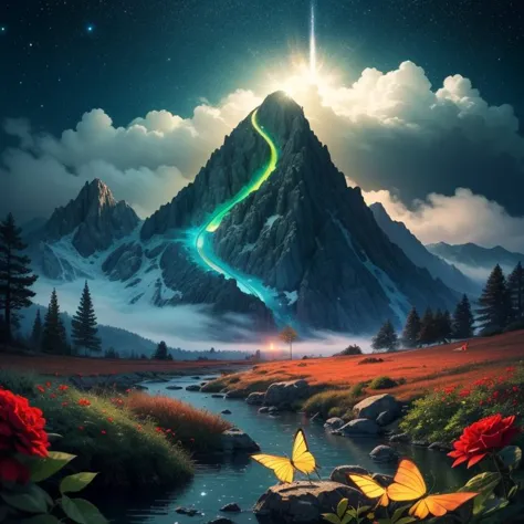 amazing quality, masterpiece, best quality, hyper detailed, ultra detailed, UHD, depth of field, mountains snowy peaks, (green butterfly), parking on (red floret), night, magic mountains, fog, firefly, transparent and polishing ral-ntrgmstn, on side, darkness, glowing, (dazzling light:1.2), water droplets after rain,