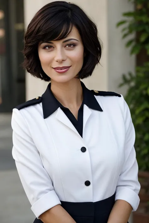 a close up of a woman in a white shirt and black skirt