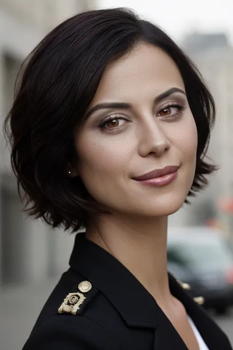 a close up of a woman in a black jacket and a white shirt