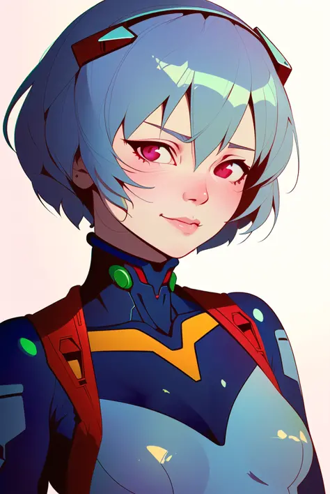 masterpiece portrait of smililng Rei Ayanami \(evangelion\), evangelion \(Hideaki\), caustics, textile shading, high resolution illustration, red eyes, feminine, no pupils, blue hair,  short hair, plugsuit, (((by Atey Ghailan and Emmanuel Shiu,SamDoesArt1)))