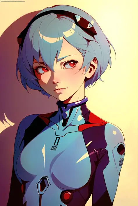 masterpiece portrait of smililng Rei Ayanami \(evangelion\), evangelion \(Hideaki\), caustics, textile shading, high resolution illustration, red eyes, feminine, no pupils, blue hair,  short hair, plugsuit, (((by Atey Ghailan and Emmanuel Shiu,SamDoesArt1)))