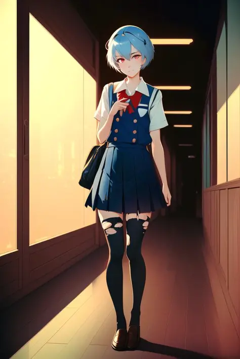 masterpiece portrait of smililng Rei Ayanami \(evangelion\), evangelion \(Hideaki\), caustics, textile shading, high resolution illustration, red eyes, feminine, no pupils, blue hair,  short hair, japanese school uniform, loafers, detailed school, japanese school hallway, japanese modern school in Tokyo, soft light, black stockings, torn stockings, indoors, wooden floor, hallway, at night, neon lights, (((by Atey Ghailan and Emmanuel Shiu,SamDoesArt1)))