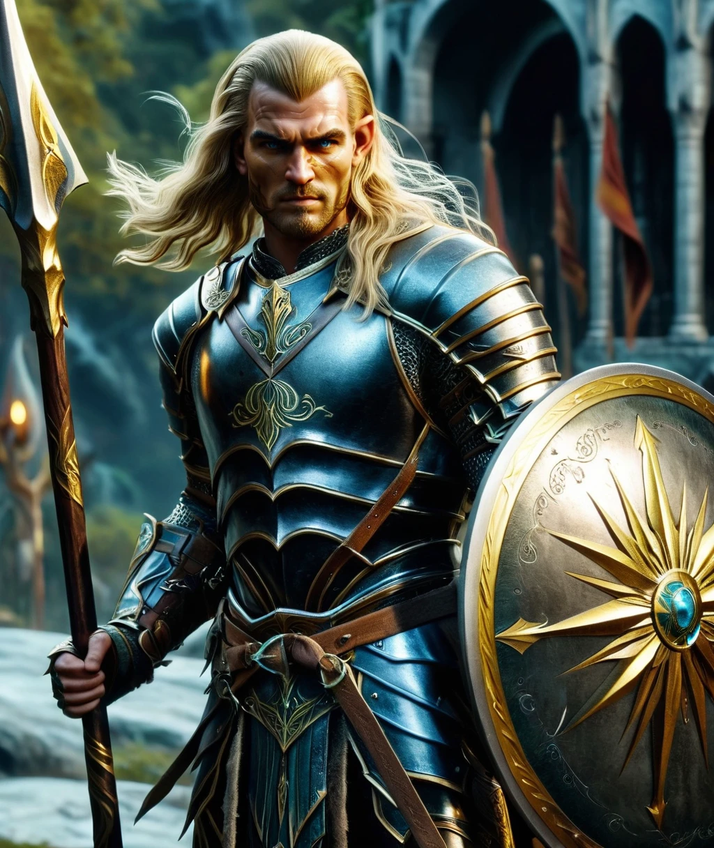 In a Fantasy Middle-earth world in the dark ages Carcharoth, a cinematic (full body shot:1.2) of a male elf warrior in shiny armor holding a (spear and a shield:1.1), gold ornaments and decorated armor, long blonde silk hair, elf town background, middle-earth, (hkstyle:1.1), 8k, HDR, UHD, insane details, award-winning photo, Cinematic Hollywood Film style, hand, (view from distance, wide angle:1.1), The Lord of the Rings style