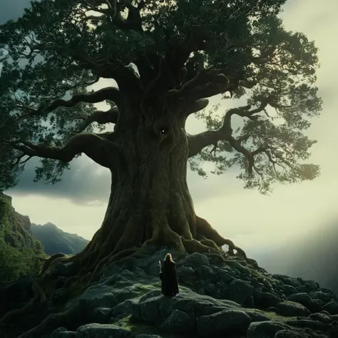 cinematic film still of  In a Fantasy Middle-earth world in the dark ages Treebeard Fangorn Sindarin a arbre with a giant trunk in a rocky area,arme,En plein air,Ciel,jour,épée,nuage,arbre,paysage,soleil , lumière dramatique, lumière d&#39;ombre dramatique, contraste de films, couleur de film cinématographique, aspect cinématographique, Filmique, Réaliste, le réalisme, parfaition, parfait, Photo du film, drame fantastique, épique drama, fictif, L&#39;Âge des Merveilles, L&#39;ère des empires, guerriers,  style médiéval, Moyen-âge, style donjons et dragons, différent people, différent, unique, royaumes et châteaux, violent, Agressif, détaillé, parfaition, détaillé face, détaillé body, détaillé hands, détaillé eyes, POINTU, sur le thème de l&#39;horreur, thème sombre, épique fantasy adventure film style, Légendaire, mythique, Le style du Seigneur des Anneaux, Faible profondeur de champ, vignette, highly détaillé, budget élevé, bokeh, cinémascope, lunatique, épique, magnifique, grain de film, granuleux