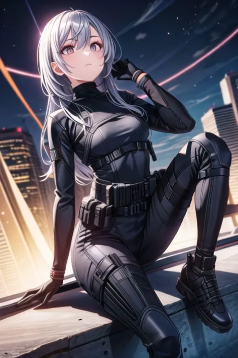 a woman in a black suit sitting on a ledge with a city in the background