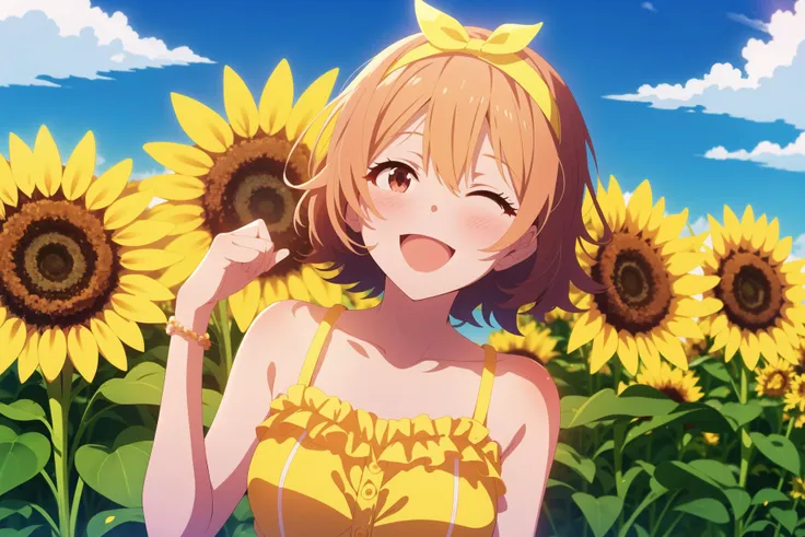 anime girl in yellow dress standing in sunflower field with blue sky