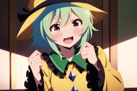 anime girl with green hair and a yellow hat and green tie