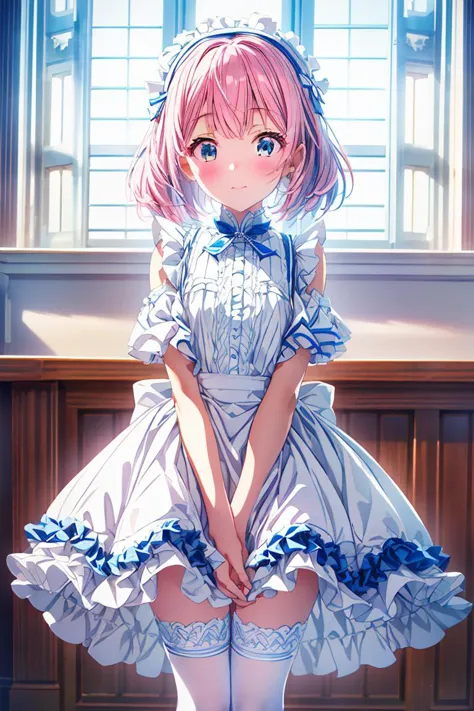 anime girl in a blue dress posing in front of a window