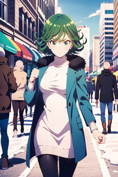 a woman walking down a street in a city with a green hair