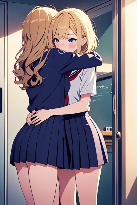 anime girl hugging another girl in a school uniform