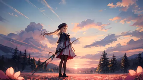 anime girl standing in a field of flowers with a bow