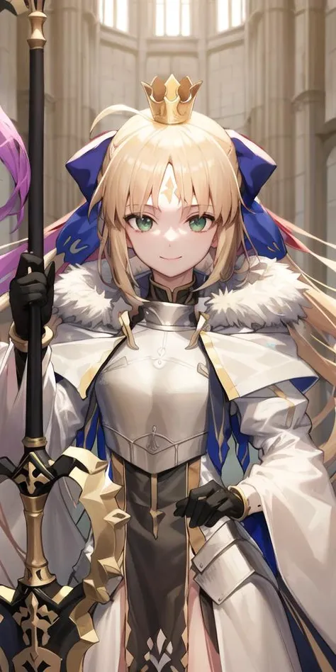 artoria caster (fate), artoria caster (third ascension) (fate), 1girl, ahoge, armor, armored dress, blonde hair, blue bow, breastplate, dress, forehead mark, fur-trimmed capelet, green eyes, hair bow, red hair ribbon, looking at viewer, mini crown, sidelocks, smile, solo, upper body, very long hair, white armor, blonde hair, black gloves, <lora:caster_v2o_lycoris-000014:0.9>, weapon, holding weapon,