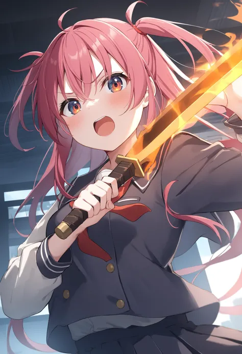 anime girl with pink hair holding a sword in her hand