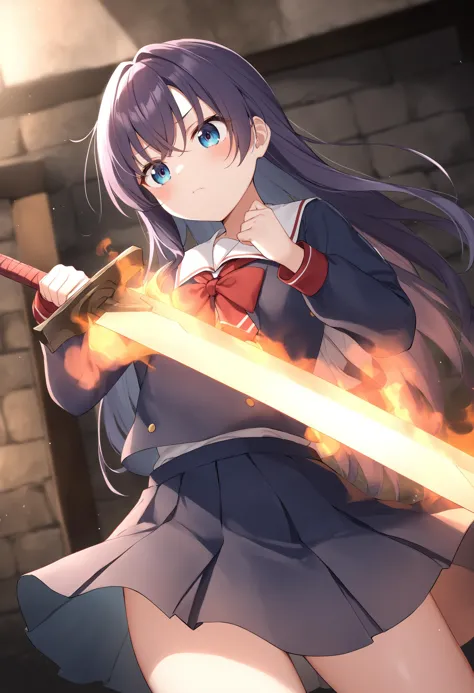 anime girl with sword in hand and fire in the air