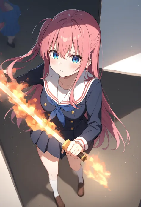 anime girl with pink hair holding a sword in front of a wall