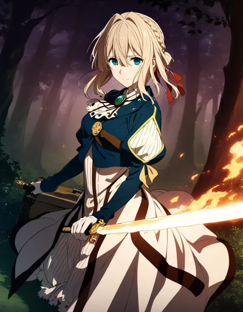 a woman in a dress holding a sword in a forest