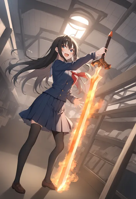 a woman in a school uniform holding a sword in a room