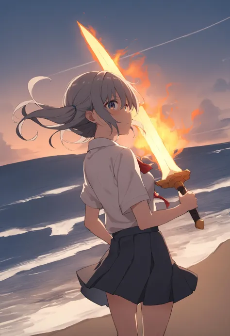 a woman holding a sword on a beach near the ocean