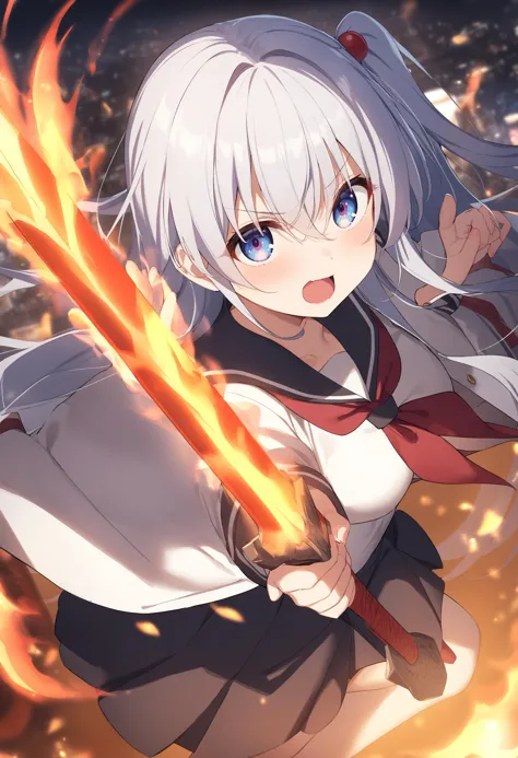 anime girl with a sword in her hand and fire in the air